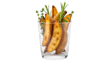 Golden potato wedges in glass isolated PNG, seasoned baked potato with herbs on transparent background for restaurant menu