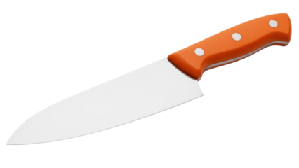 Chef s knife with orange handle isolated PNG on transparent background, kitchen utensil for cooking and food preparation