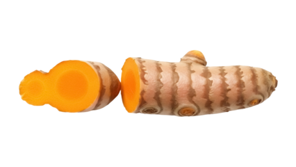 Sliced turmeric root isolated PNG on transparent background, vibrant orange spice for cooking and healthy lifestyle