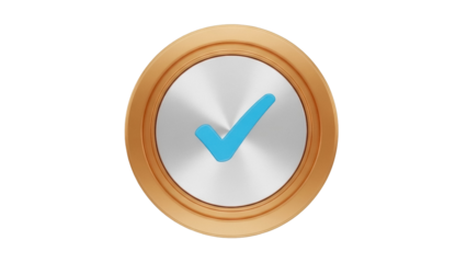 Blue check mark in a golden circle PNG isolated on transparent background, symbol of approval and verification for design projects