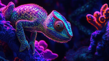 Vibrant chameleon in a glowing environment.