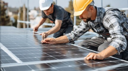 Technicians Installing Solar Panels on Rooftop