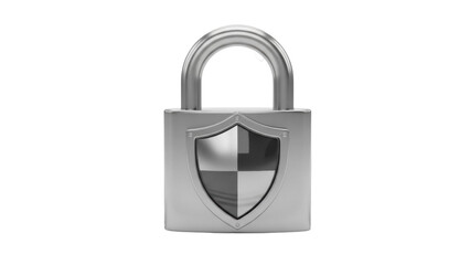 Silver padlock with shield isolated PNG, security and protection concept for graphic design and web elements on transparent background