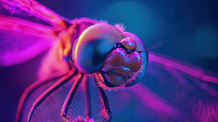 Close-up view of a dragonfly's head, illuminated by vibrant neon colors.