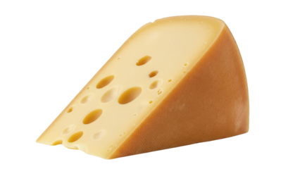 Wedge of Swiss cheese isolated PNG, yellow dairy product with holes on transparent background, gourmet food for cooking and healthy eating