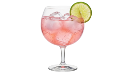 Pink gin and tonic with lime isolated PNG, refreshing cocktail drink with ice cubes on transparent background for summer party