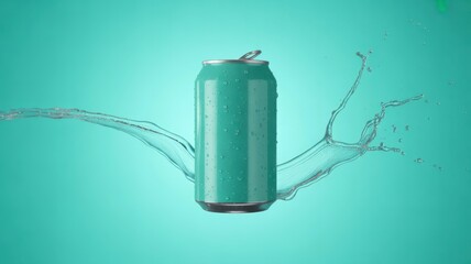 Refreshing Cascade: A teal beverage can is dramatically suspended mid-air with water bursting forth in a splash, the vibrant turquoise background enhances the refreshing quality.