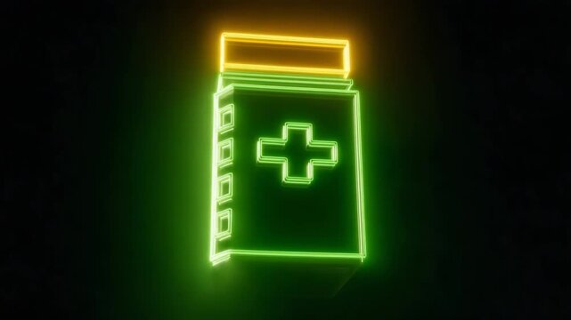 Green and yellow neon glowing pharmacy or medicine bottle icon on black background