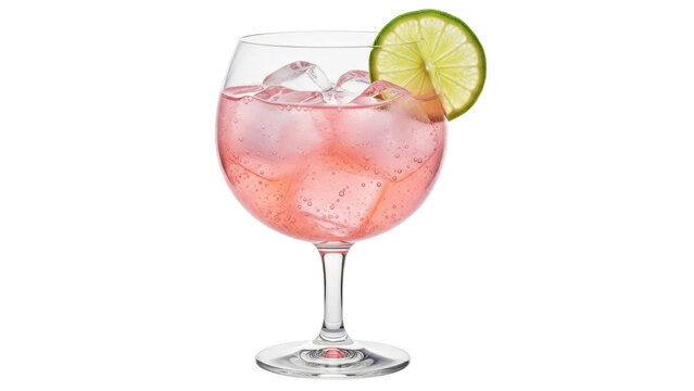 Pink gin and tonic with lime isolated PNG, refreshing cocktail drink with ice cubes on transparent background for summer party