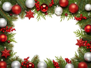 Festive Christmas border with red and silver ornaments, stars, and evergreen branches surrounding a central white copy space area