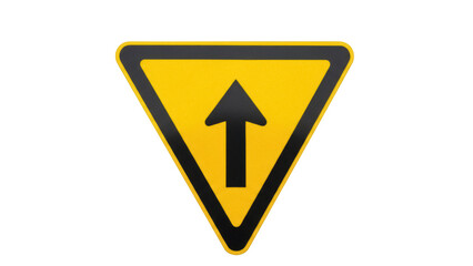 Yellow triangular road sign with black arrow pointing up isolated PNG, traffic warning symbol for direction and safety on transparent background