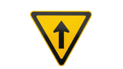 Yellow triangular road sign with black arrow pointing up isolated PNG, traffic warning symbol for direction and safety on transparent background