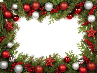 Festive Christmas border with red and silver ornaments, stars, and evergreen branches surrounding a central white copy space area