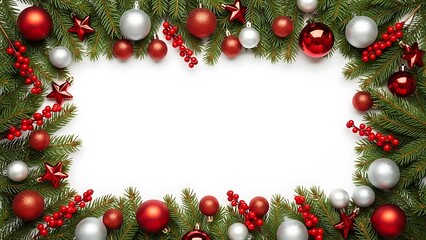 Festive Christmas border with red and silver ornaments, stars, and evergreen branches surrounding a central white copy space area