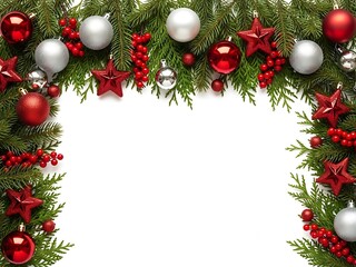 Festive Christmas border with red and silver ornaments, stars, and evergreen branches surrounding a central white copy space area
