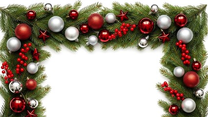 Festive Christmas border with red and silver ornaments, stars, and evergreen branches surrounding a central white copy space area