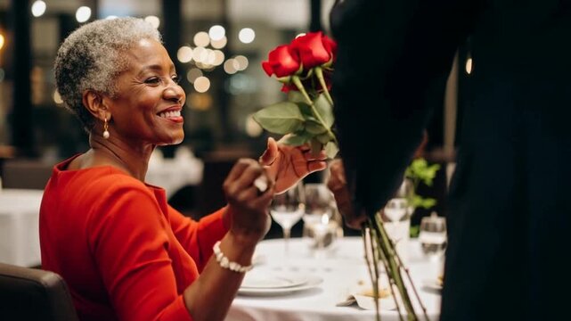 Elegant senior black man surprising african american woman with bouquet of red roses during a romantic dinner date