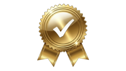 Golden seal with check mark isolated PNG on transparent background, quality assurance badge for approval and verification