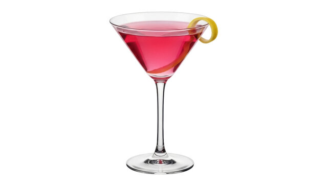 Cosmopolitan cocktail in martini glass isolated PNG, pink alcoholic drink with lemon twist on transparent background for bar menu