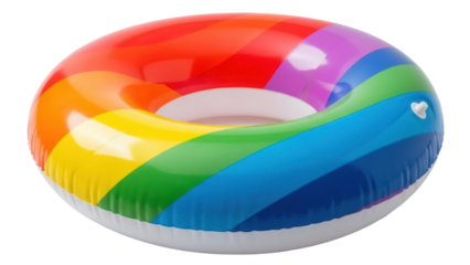 Rainbow inflatable swim ring PNG isolated on transparent background, colorful pool float for summer fun and vacation