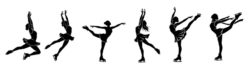 Black silhouettes of figure skaters in graceful poses. Perfect for sports design, winter Olympics graphics, dance illustrations. Clean vector format with elegant composition.