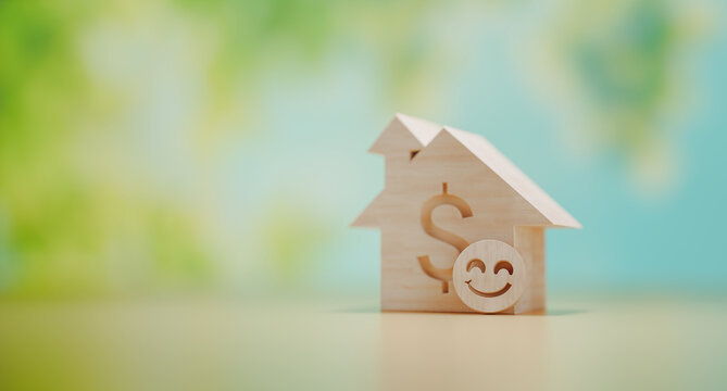 Wooden block in the shape of a house next to a smiling face emoji. Concept of positive real estate strategy, financial stability, family wealth, and smart saving. 3D rendering.