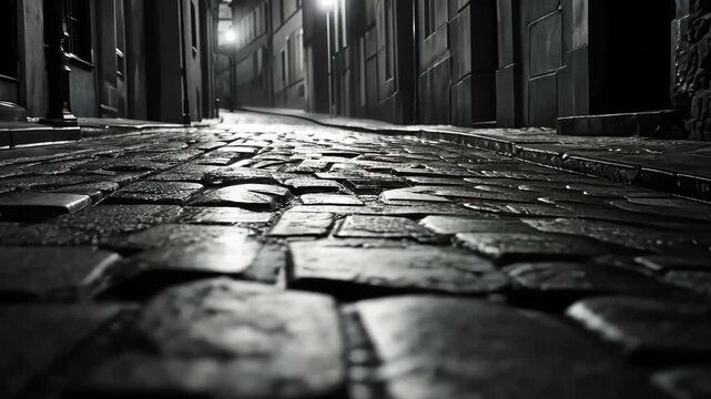 A viewpoint along a wet cobblestone street in an old city with streetlights glowing in the early morning