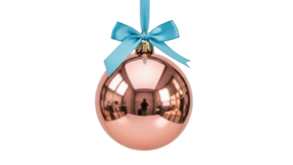 Rose gold Christmas ball with blue ribbon isolated PNG, festive holiday ornament for Christmas tree decoration and seasonal design