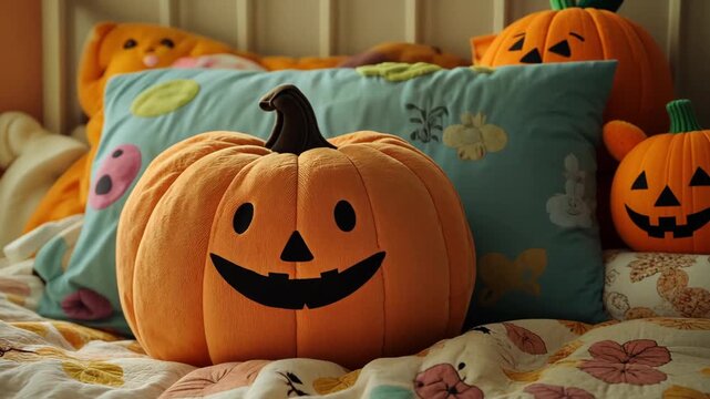 A pumpkin plush toy rests on a bed with colorful pillows and a quilt, creating a festive atmosphere for Halloween