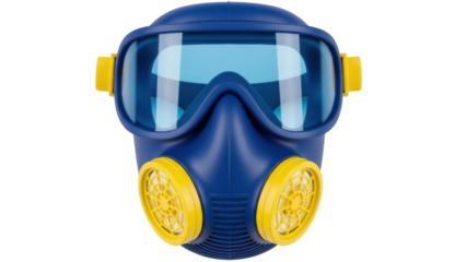 Blue and yellow gas mask PNG isolated on transparent background, safety equipment for industrial and construction work, protection against harmful substances