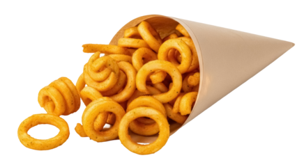 Golden curly fries in a paper cone isolated PNG, delicious snack on transparent background, fast food treat for takeout menus