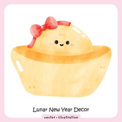 Kawaii Watercolor Chinese Gold Ingot with Pink Bow Character illustration vector