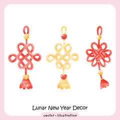 Watercolor Chinese Gold Knot Illustration with Tassel and Red Beads for Lunar New Year Vector