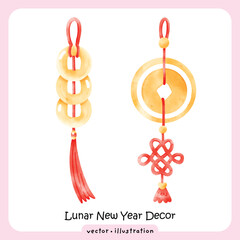 Watercolor Chinese Lucky Coin with Auspicious Red Knot and Tassel Illustration