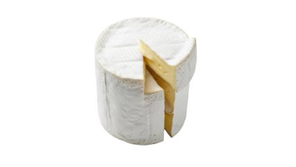 Brie cheese wheel with a cut piece isolated PNG, creamy dairy product on transparent background for gourmet food and culinary design