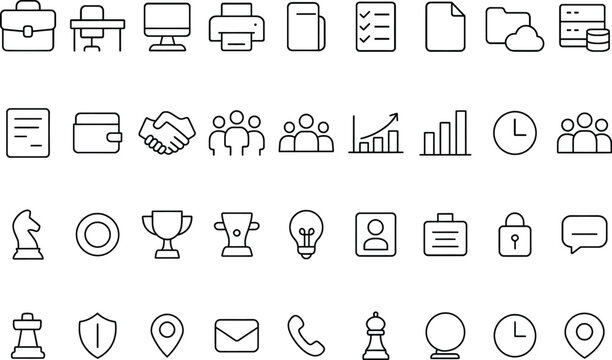 Business and Office Iconography with Chess Pieces, Lightbulb, and Security Symbols