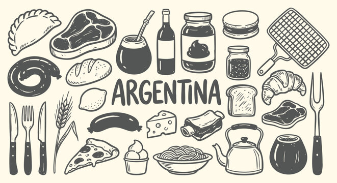Argentina Icon Set. Argentine Food. A hand drawn vector collection of asado meat, empanadas, mate tea, wine and traditional items for a travel guide, steakhouse menu, and south american culture.