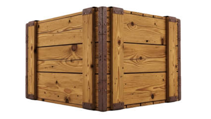 Wooden crate PNG isolated on transparent background, rustic box with metal reinforcements for storage and transportation