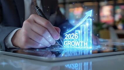 Business Professional Planning Growth Strategy for 2026 on Digital Tablet Interface
