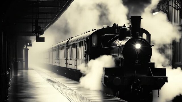A steam train pulls into the station shrouded in mist, creating an old fashioned travel experience in the early morning light