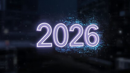 Futuristic 2026 Neon Number with Digital Pixel Disintegration on Dark Background
