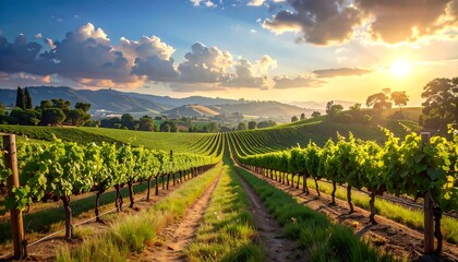 Fototapeta premium Rolling vineyard landscape at sunset with dramatic clouds and golden light