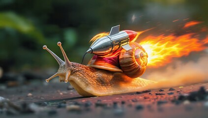 Fast Snail Concept with Rocket Engine and Flames Moving Quickly on the Ground