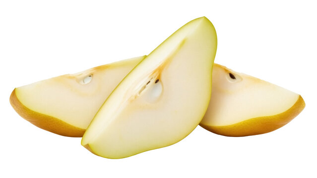 Three pear slices PNG isolated on transparent background, fresh fruit pieces for healthy eating and dessert preparation