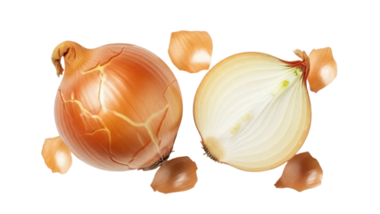 Golden onion and half onion isolated PNG on transparent background, fresh vegetable for cooking and healthy eating, culinary ingredient