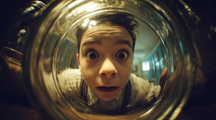 Child's Whimsical Joy Through a Glass Jar
