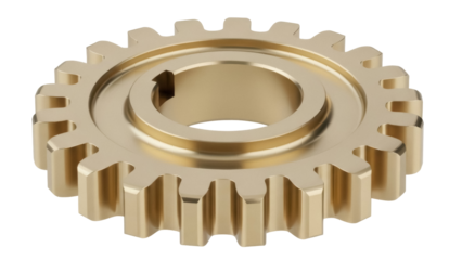Golden gear wheel isolated PNG on transparent background, cogwheel component for engineering and mechanical design projects
