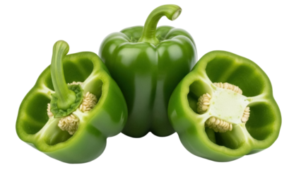 Fresh green bell pepper isolated PNG, whole and halved capsicums on transparent background, healthy vegetable for cooking and salads