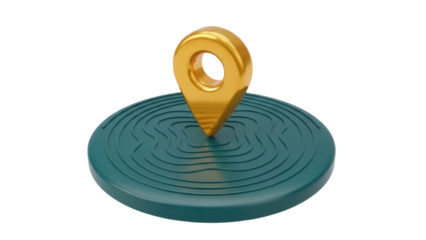 Golden map pointer on green topographic map isolated PNG, location pin for navigation and travel concepts on transparent background