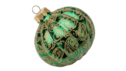 Green Christmas ball with golden paisley pattern isolated PNG, festive holiday ornament for Christmas tree decoration on transparent background